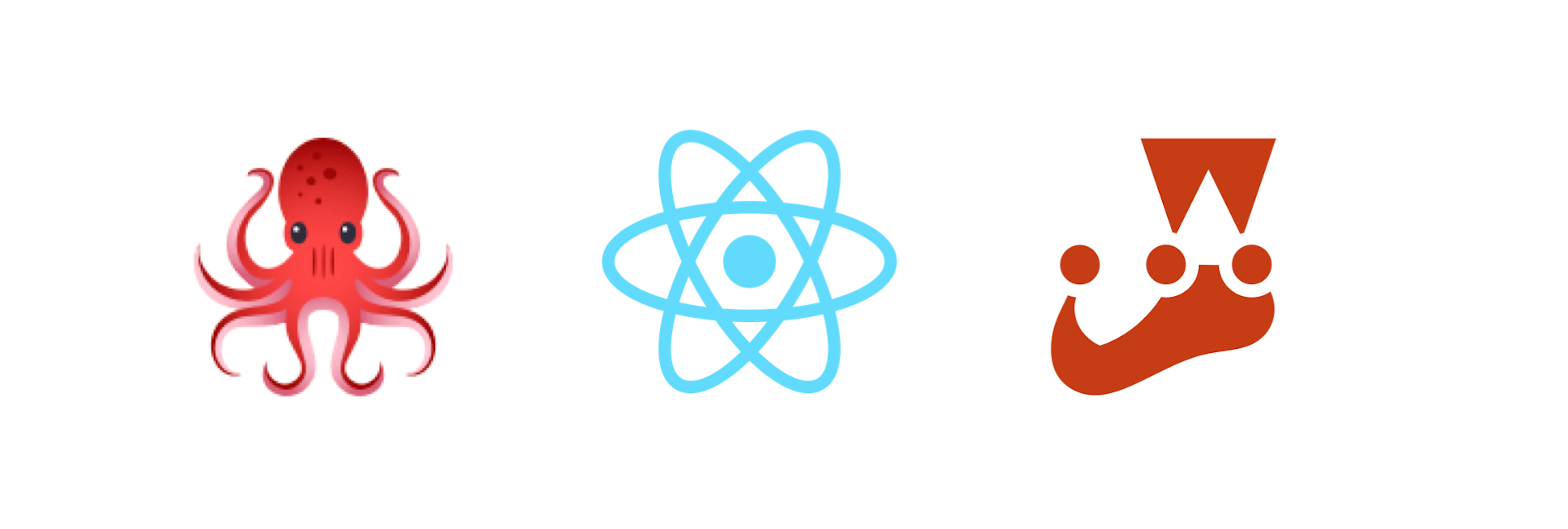React Testing Library octopus logo, React logo, and Jest logo